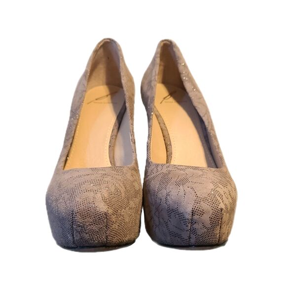 Brian Atwood | Savita Beige Metallic Suede Floral Print Platform 5" Heels Size 7 - Picture 3 of 7